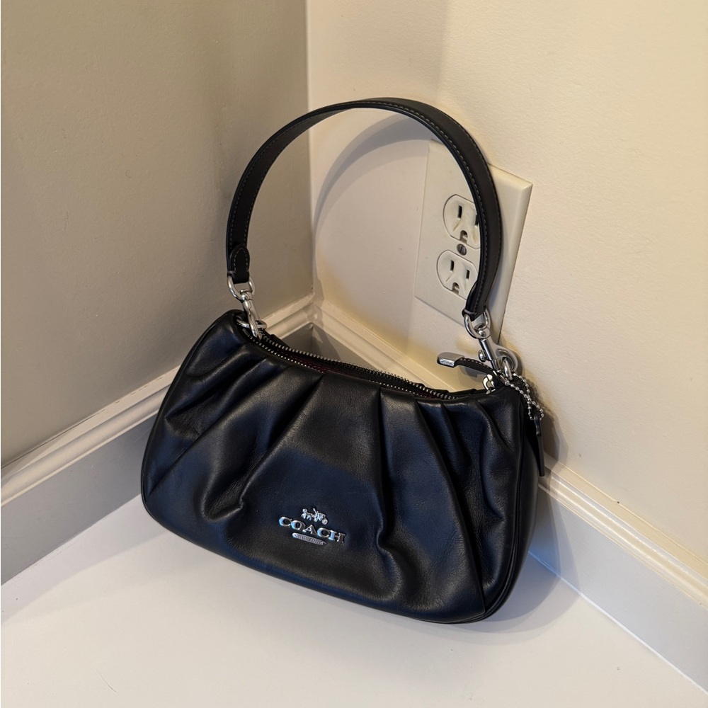 Coach Smooth Black Leather Terri Shoulder Bag with Ruching